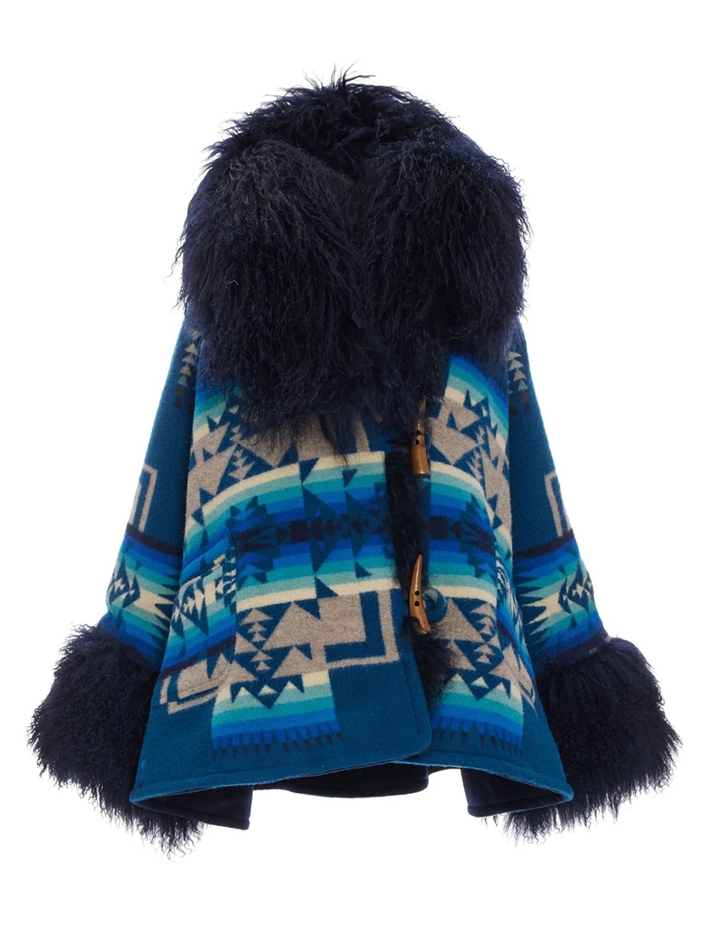 Pendleton Blue Aztec Wool Cape with Fur Trim